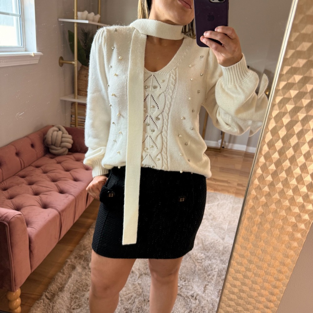 New York & Company Ivory Pearl Embellished Cable Knit Sweater w/ Scarf Large